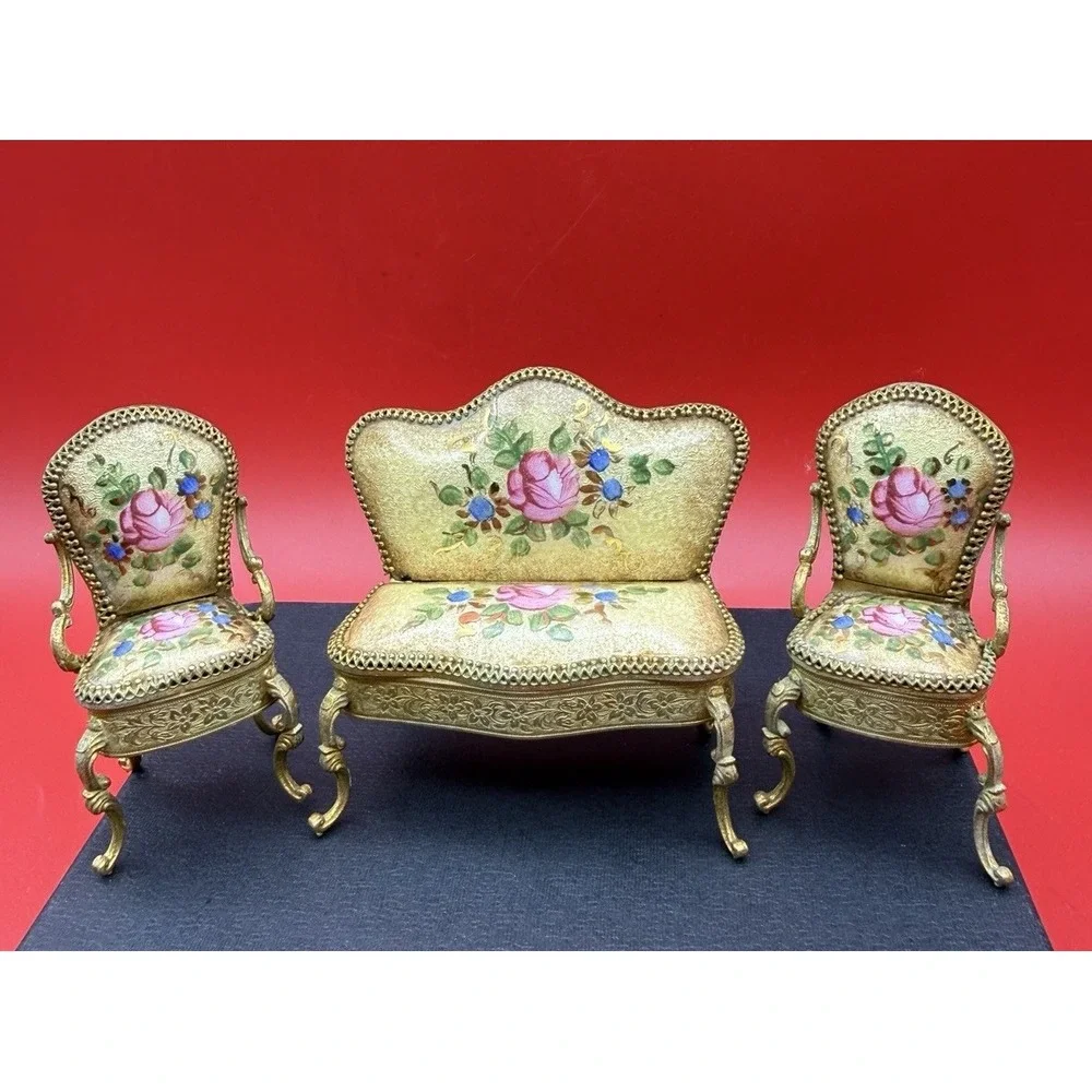 Antique Viennese Enamel Gold Miniature Dollhouse Settee And 2 Chairs Floral